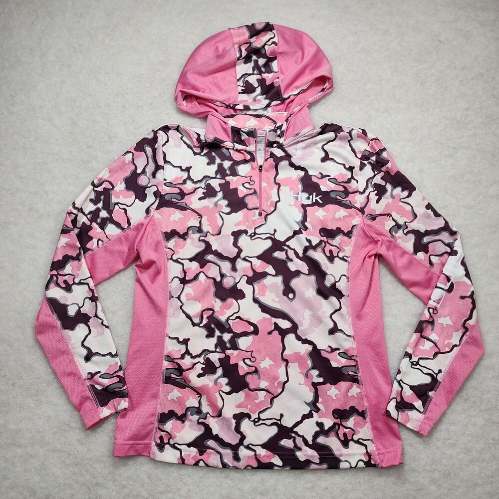 Huk Performance Hoodie 1/4 Zip Long Sleeve Pink Camo Sz XL Polyester Fish (3318)